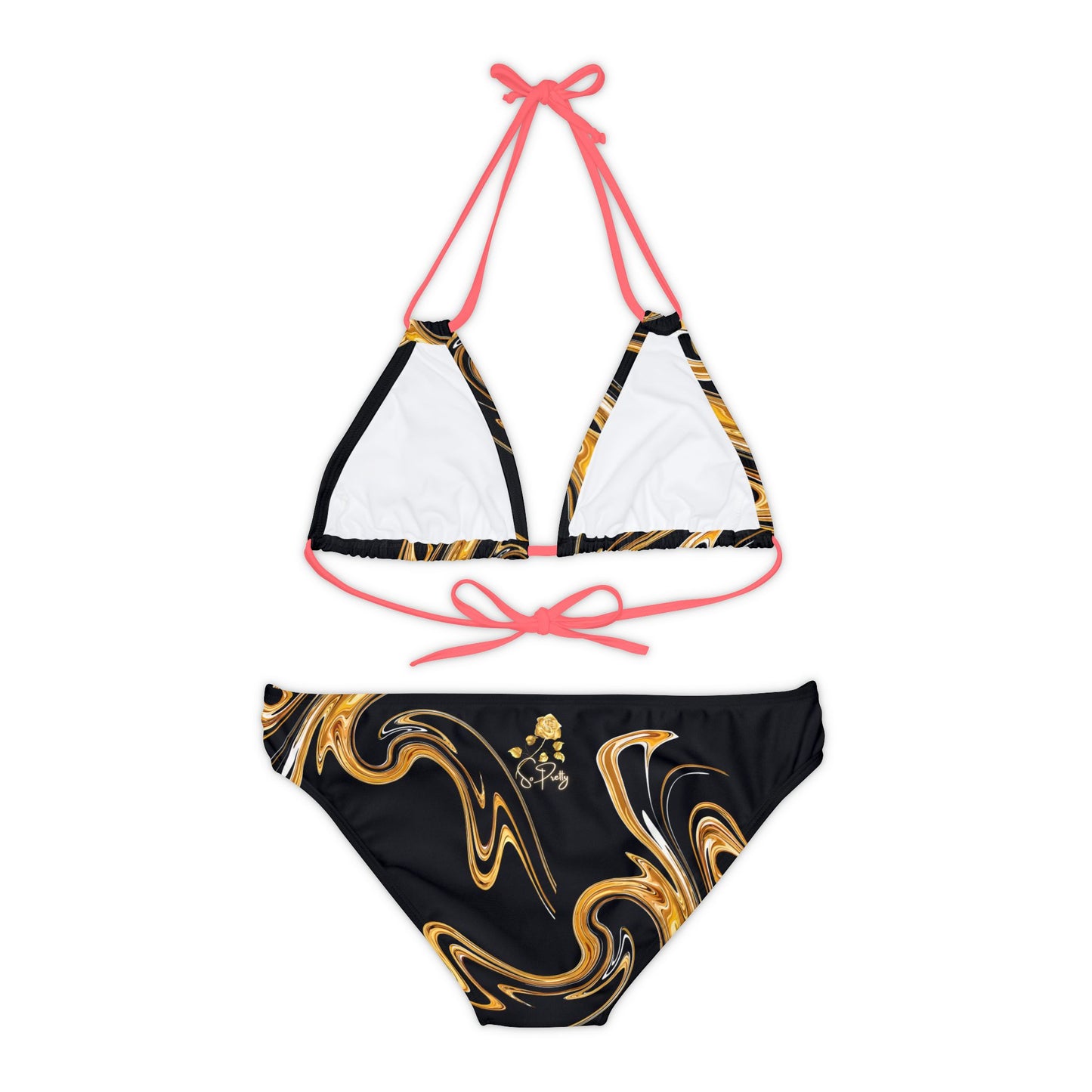 Strappy Gold Swirl Bikini Set with So Pretty flower logo(AOP)