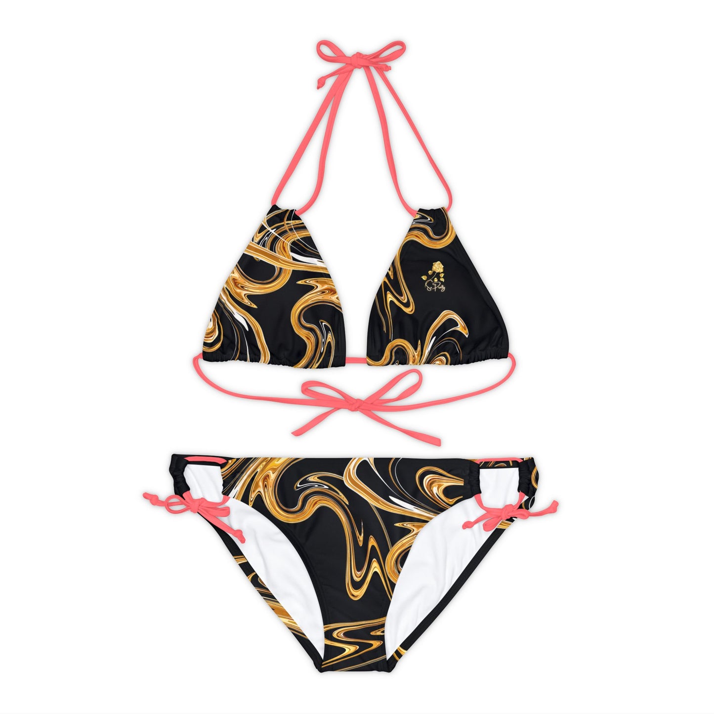 Strappy Gold Swirl Bikini Set with So Pretty flower logo(AOP)