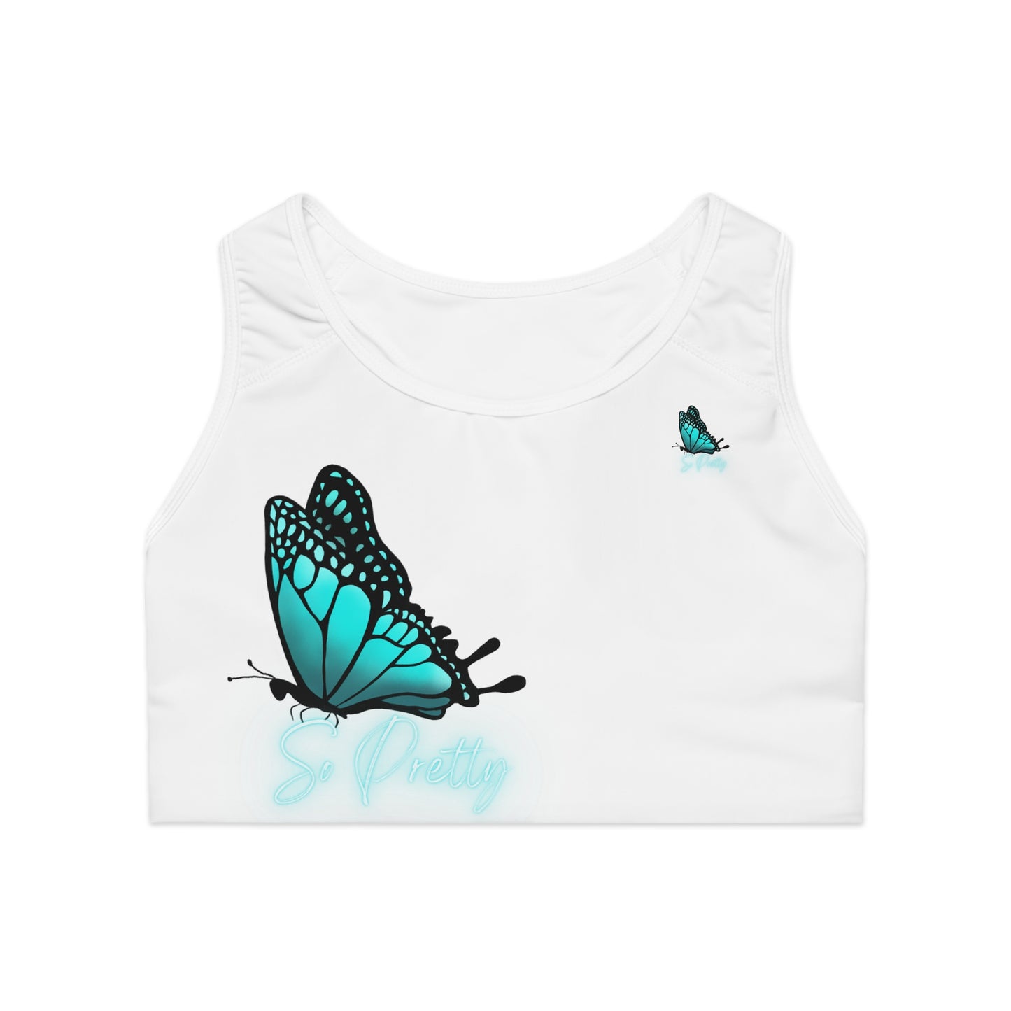 So Pretty Turquoise Butterfly split-color sports Bra (AOP)