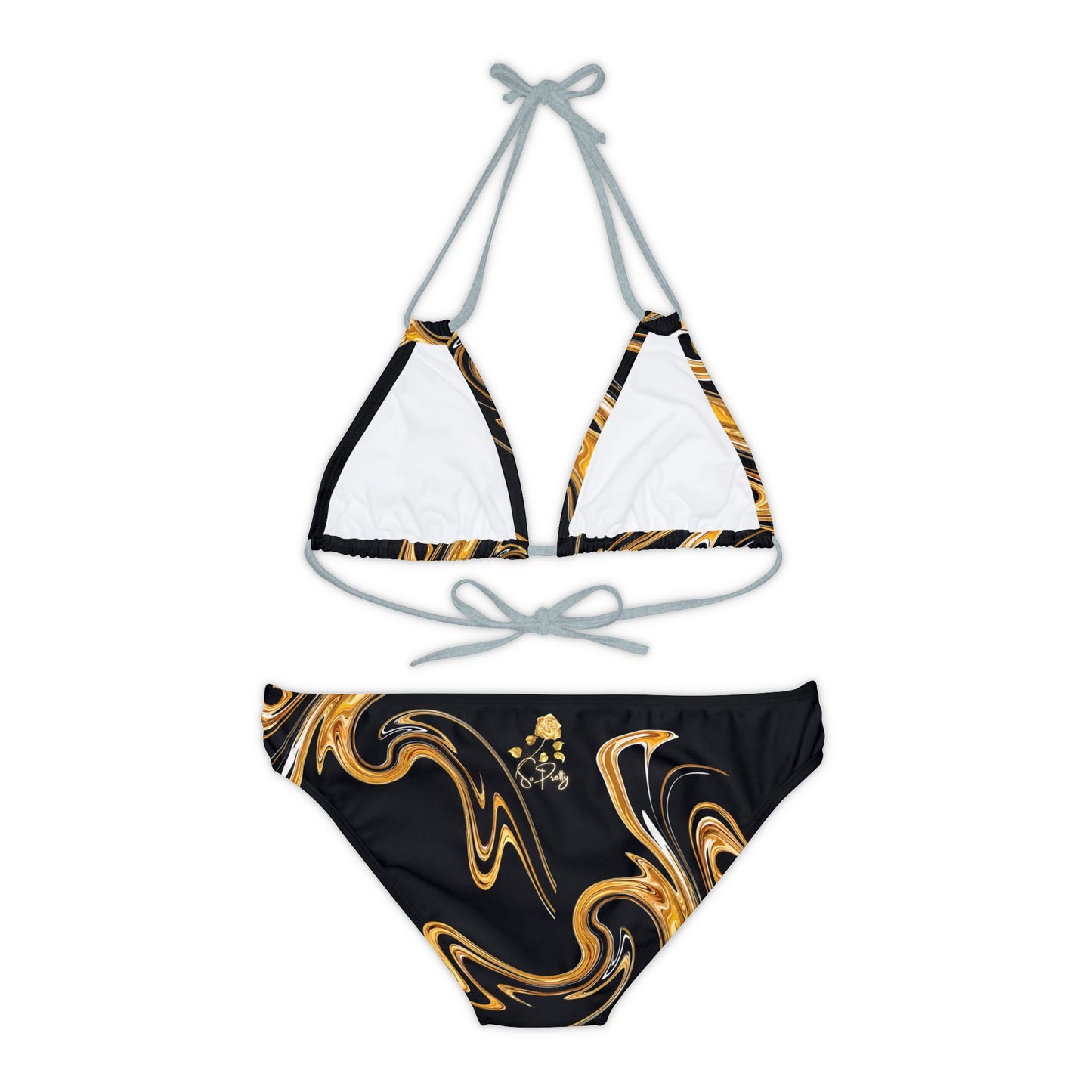 Strappy Gold Swirl Bikini Set with So Pretty flower logo(AOP)