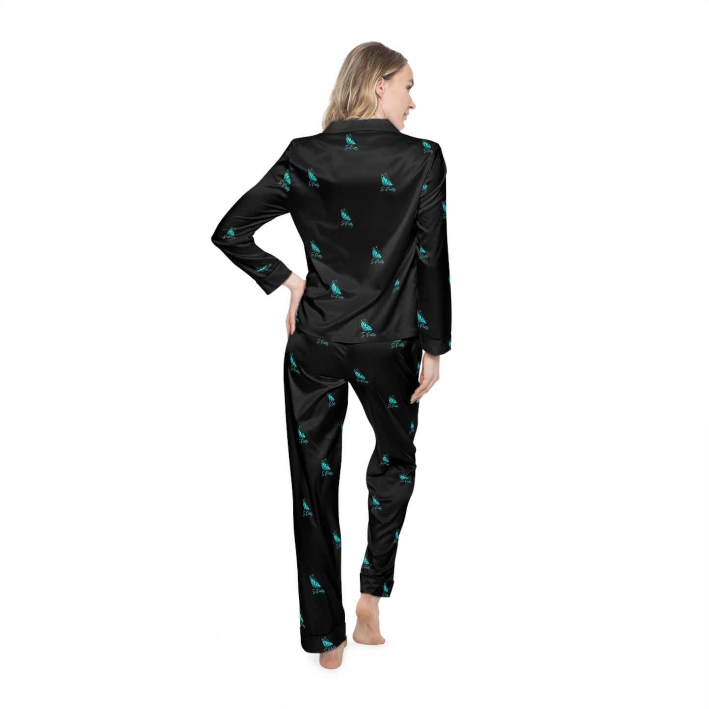 Women's Satin So Pretty Turquoise Butterfly Pajamas (AOP)