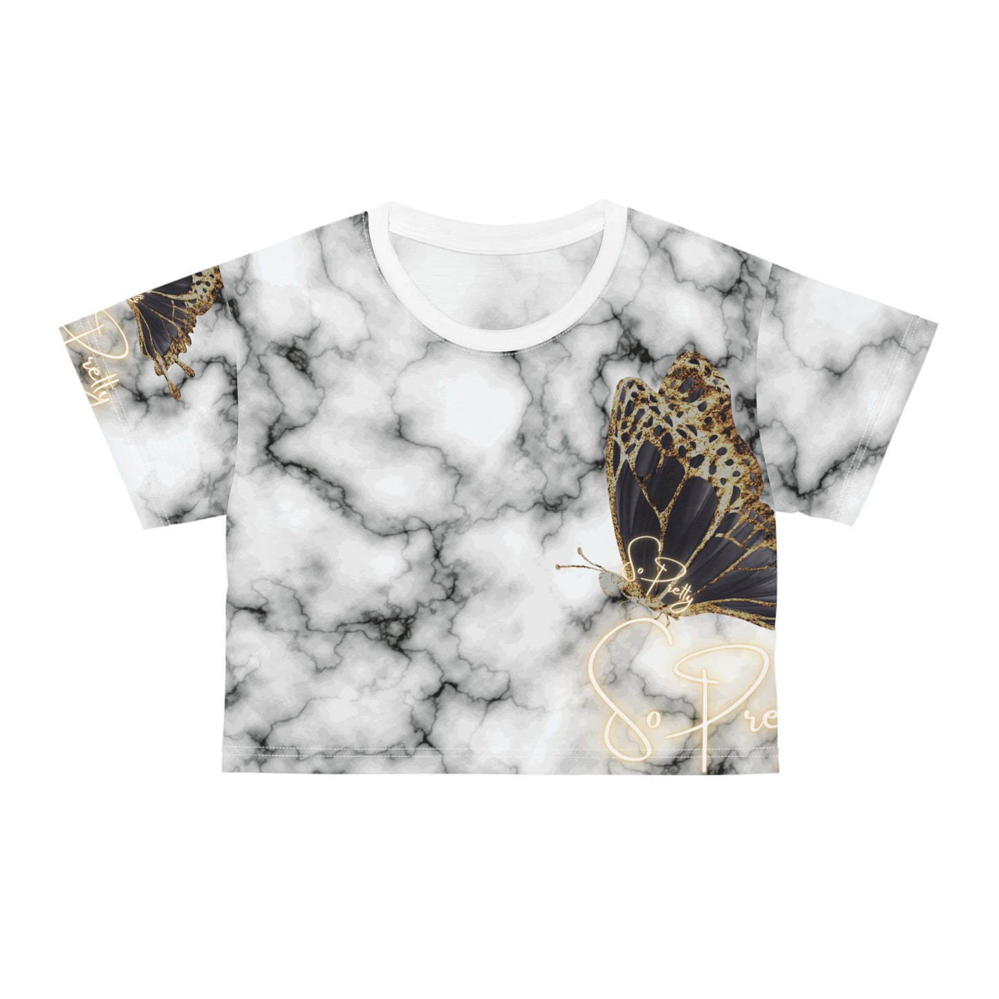 Crop Tee So Pretty gold logo on white marble  (AOP)