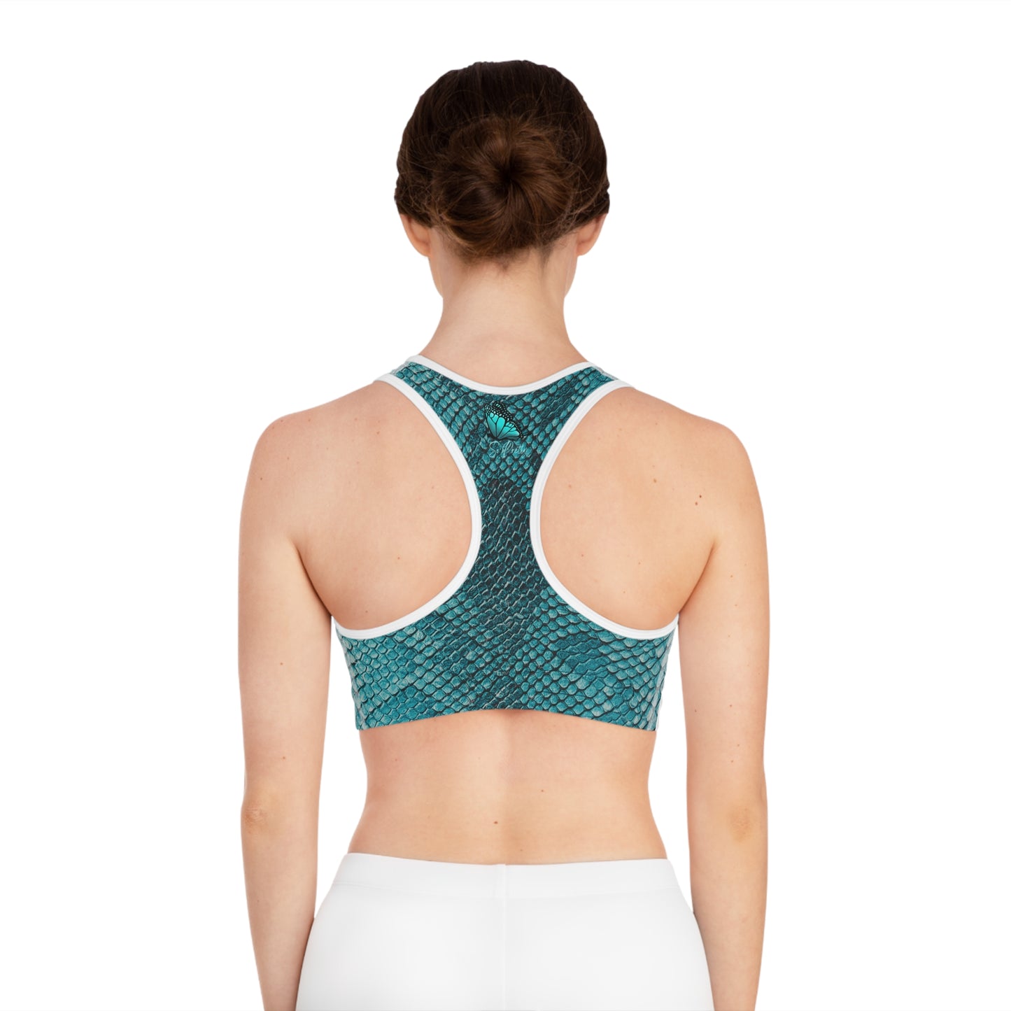 So Pretty Turquoise Butterfly split-color sports Bra (AOP)