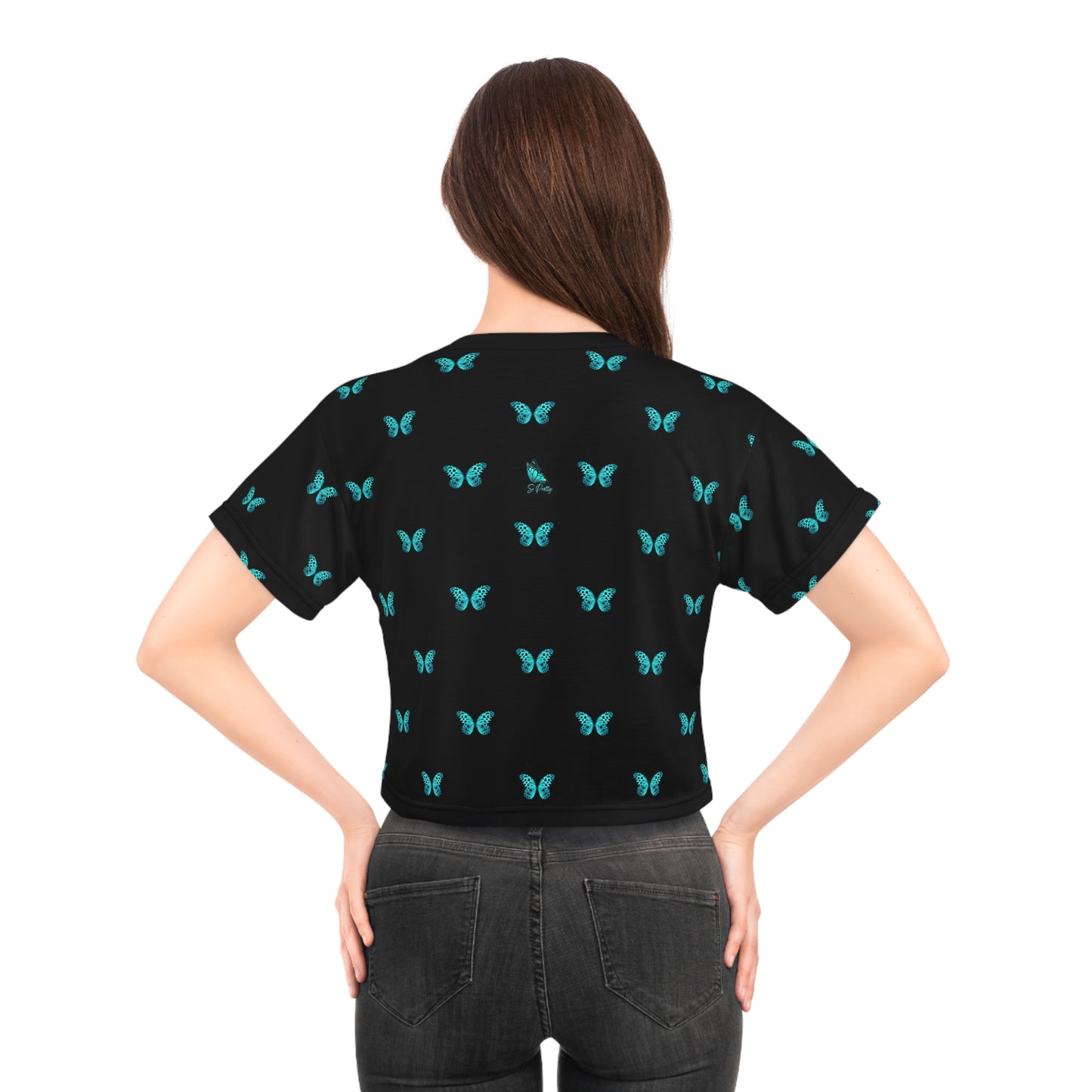 So Pretty Turquoise Butterfly Crop Tee (AOP)