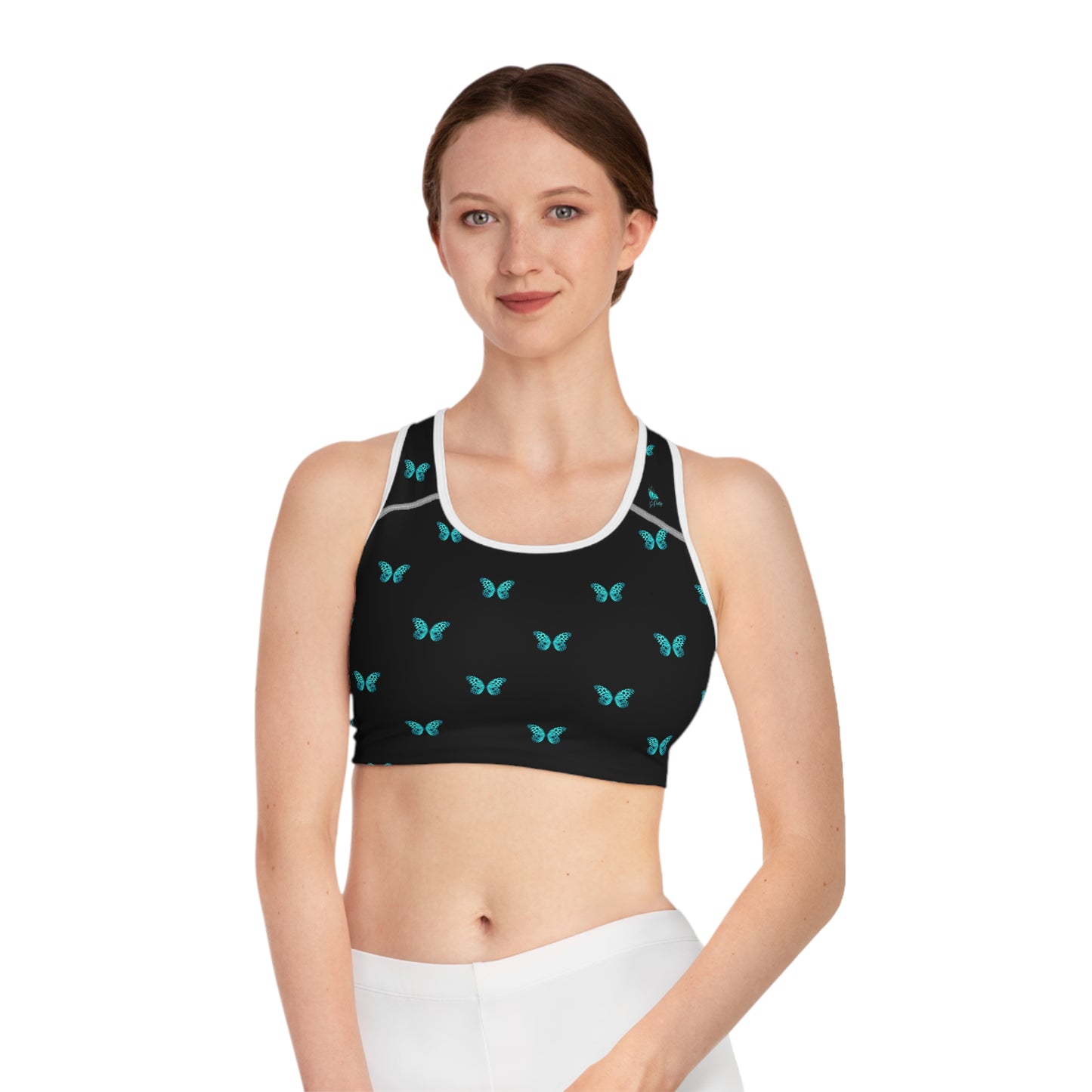 So Pretty Turquoise Butterfly sports bra (AOP)