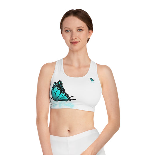 So Pretty Turquoise Butterfly split-color sports Bra (AOP)